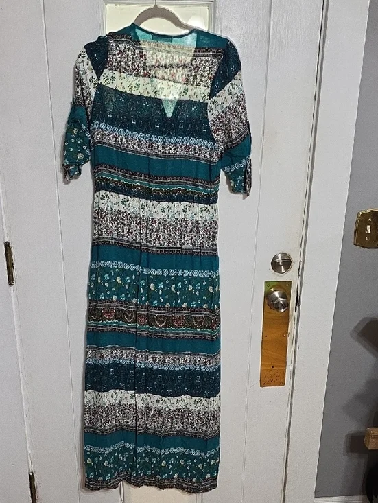 R. Vivimos Womens Dress Buttons Front Slit Teal Floral Tab Sleeves Sz M 8/10 EUC - Picture 11 of 13